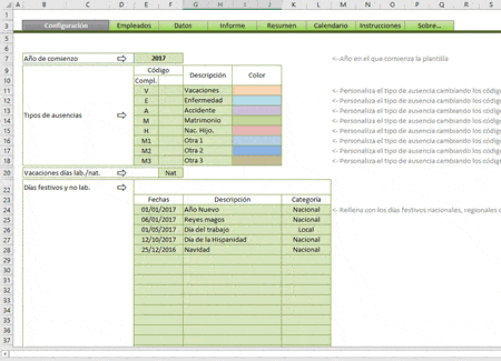 configuración plantilla ausencias excel