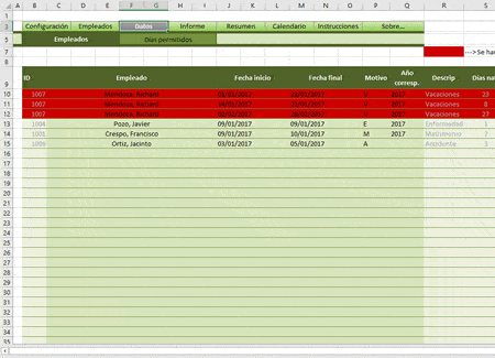 Datos ausencias Excel