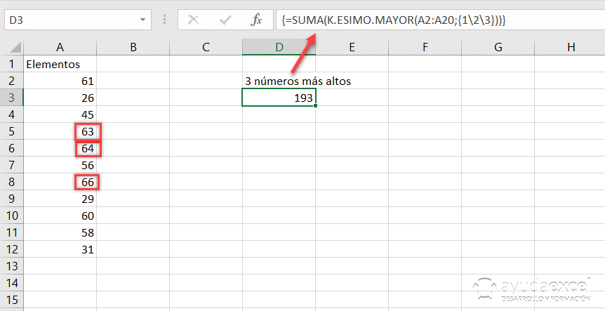 k.esimo.mayor formula matricial excel