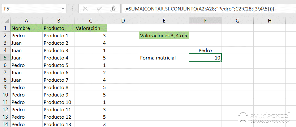 matriciales excel formulas