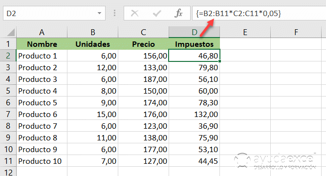 Cálculo impuestos fórmula matricial excel