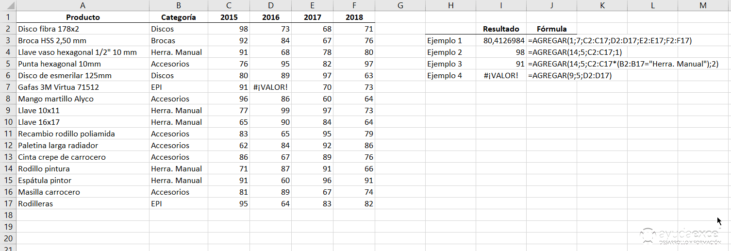 ejemplo funcion agregar Excel