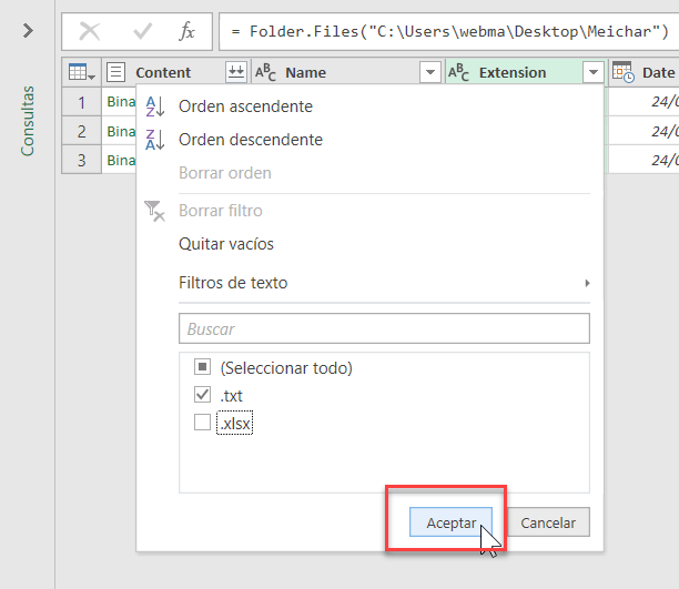Filtrar archivos Power Query Excel