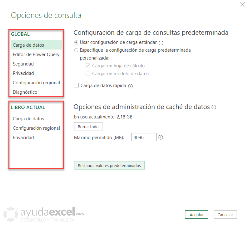 Configuración de Power Query - Opciones de consulta