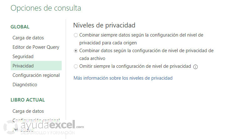 Niveles de privacidad Power Query