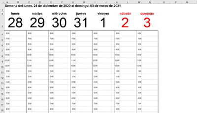 Calendario semanal 2021 Excel plantilla