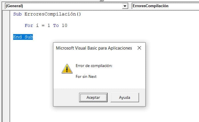 error de compilación for sin next vba excel