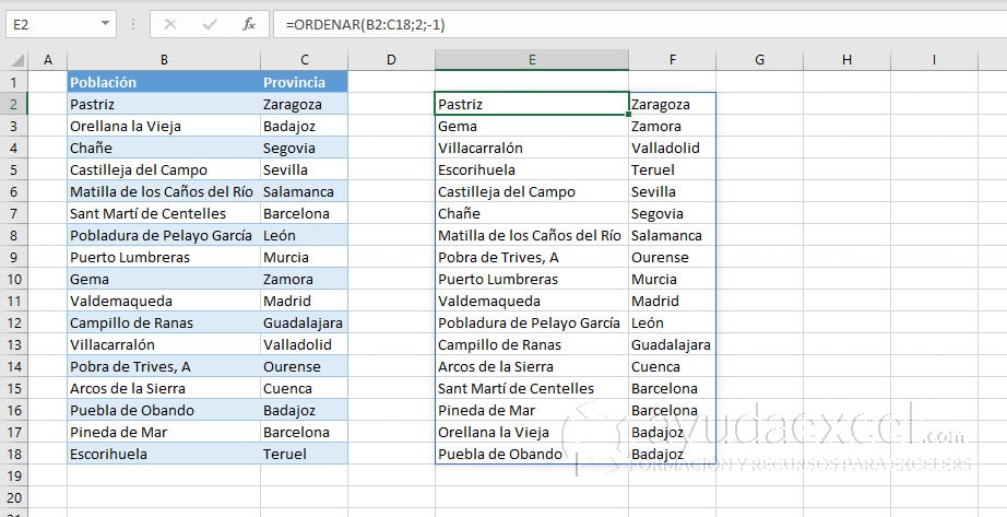 ordenar matriz descendente excel