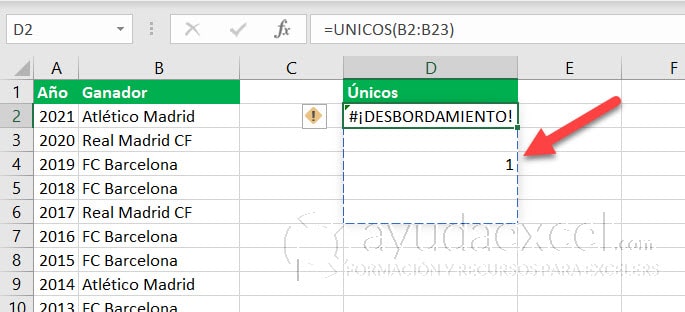 valores únicos excel desbordamiento