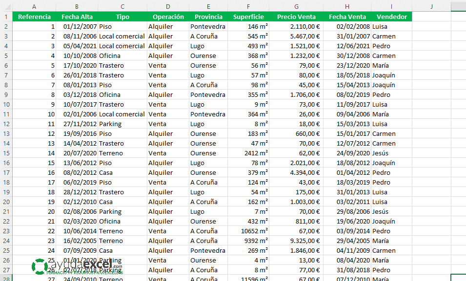 Datos de origen Excel